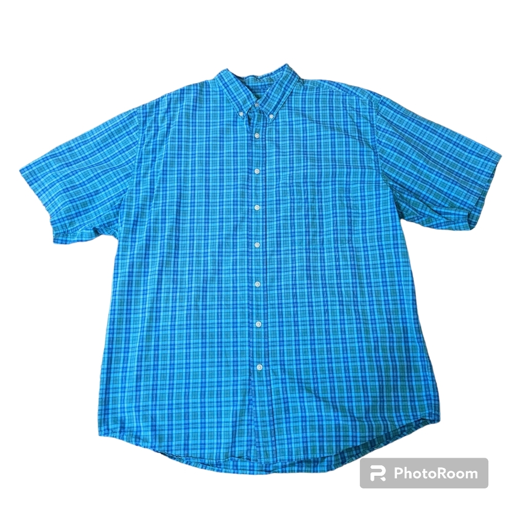 Eddie Bauer Button Front & Collar SS Blue Green Plaid Shirt Men's XLarge